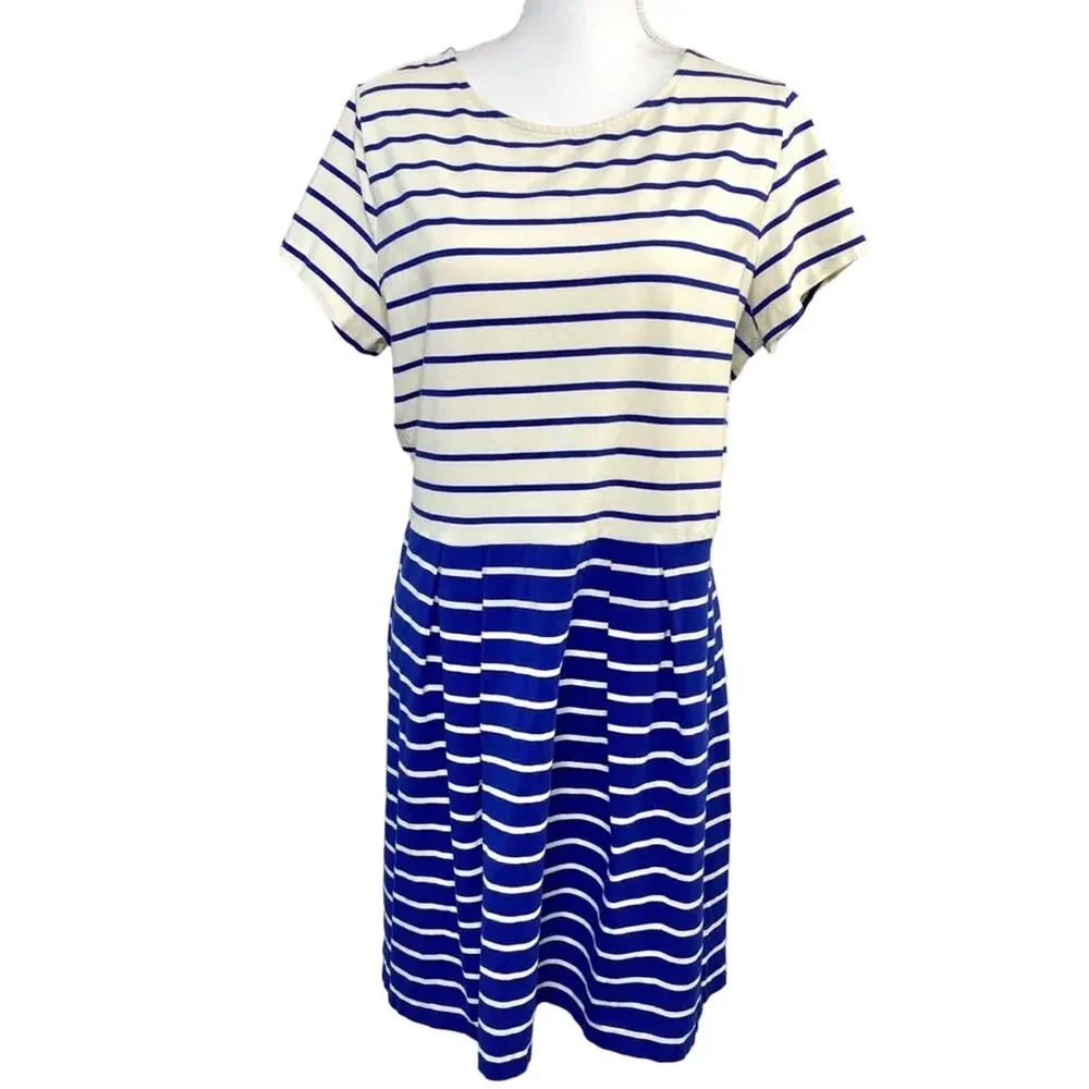 Isaac Mizrahi Live Size L Ink Blue Stripe Short Sleeve Fit & Flare Knit Dress - Picture 3 of 10